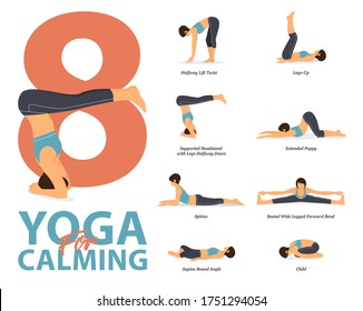 Infographic Of 8 Yoga Poses For Workout At Home In Concept Of Yoga For Calming In Flat Design. Woman Exercising For Body Stretching. Yoga Posture Or Asana For Fitness Infographic. Flat Cartoon Vector