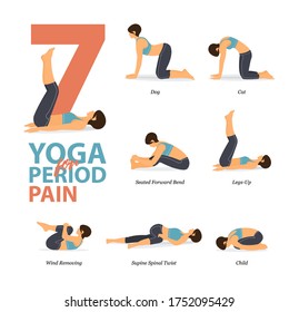 Infografía de 8 poses de yoga para ejercicios en casa en concepto de yoga para diseño de período de dolor plano. Mujer haciendo ejercicio para estirarse el cuerpo. Postura de yoga o asana para infografía de fitness. Vector de caricaturas plano