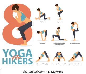 Infografía de 8 poses de yoga para ejercicios en casa en concepto de yoga para excursionistas de diseño plano. Mujer haciendo ejercicio para estirarse el cuerpo. Postura de yoga o asana para infografía de fitness. Vector de caricaturas plano.