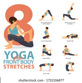 Infographic of 8 Yoga poses for workout at home in concept of yoga 