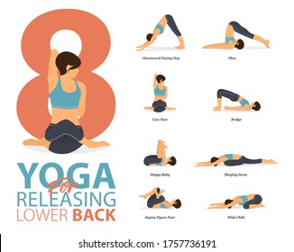 Infographic of 8 Yoga poses for workout at home in concept of yoga for releasing lower back in flat design. Woman exercising for body stretching. Yoga posture, asana for fitness. Flat Cartoon Vector.