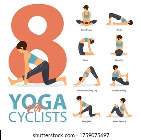 Infographic of 8 Yoga poses for workout at home in concept of yoga for cyclists in flat design. Woman exercising for body stretching. Yoga posture or asana for fitness infographic. Flat Cartoon Vector