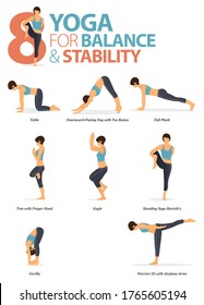 Infografía de 8 poses de yoga para ejercicios en casa en concepto de yoga para equilibrio y estabilidad en diseño plano. Mujer haciendo ejercicio para estirarse el cuerpo. Postura de yoga o asana para el fitness. Vector de dibujos animados.