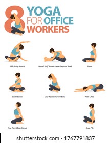 Infographic of 8 Yoga poses for workout at home in concept of yoga for office worker in flat design. Woman exercising for body stretching. Yoga posture or asana for fitness infographic. Cartoon Vector