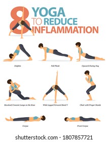 Infographic 8 Yoga poses for workout at home in concept of reduce inflammation in flat design. Women exercising for body stretching. Yoga posture or asana for fitness infographic. Flat Cartoon Vector