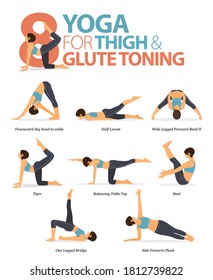 Infografía 8 Yoga posa para entrenamiento en el concepto de tonificación de muslos y glutes en diseño plano. Mujeres haciendo ejercicio para estirarse el cuerpo. Postura de yoga, asana para infografía de fitness. Ilustración de vectores de dibujos animados