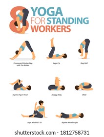 Infographic 8 Yoga Poses For Workout In Concept Of Standing Worker In Flat Design. Women Exercising For Body Stretching. Yoga Posture Or Asana For Fitness Infographic. Flat Cartoon Vector Illustration