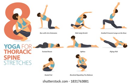 Infographic 8 Yoga poses for workout in concept of Thoracic spine stretch in flat design. Women exercising for body stretching. Yoga posture asana for fitness infographic. Cartoon Vector Illustration.