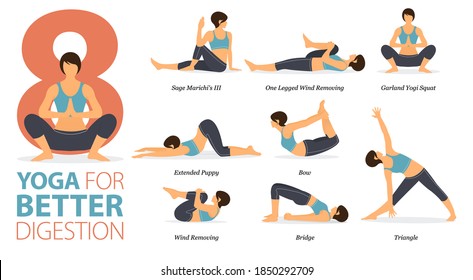 Infographic 8 Yoga Poses For Workout In Concept Of Better Digestion In Flat Design. Women Exercising For Body Stretching. Yoga Posture, Asana For Fitness Infographic. Flat Cartoon Vector Illustration.