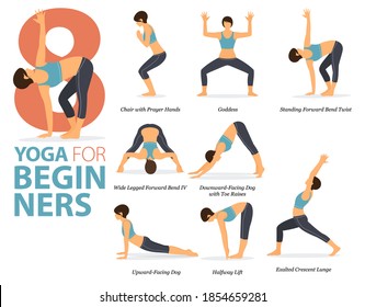 Infographic 8 Yoga poses for workout in concept of Yoga for Beginners in flat design. Women exercising for body stretching. Yoga posture or asana for fitness infographic. Flat Cartoon Vector.