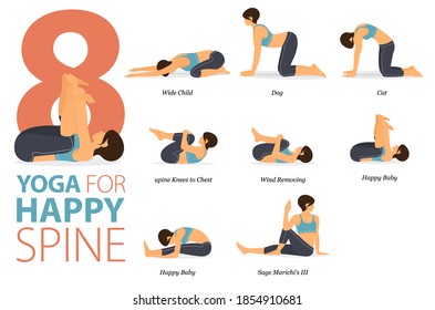 Infographic 8 Yoga poses for workout in concept of Happy Spine in flat design. Women exercising for body stretching. Yoga posture or asana for fitness infographic. Flat Cartoon Vector Illustration.