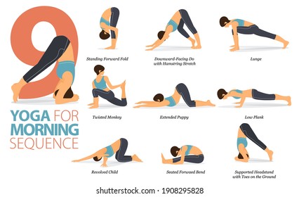 Infographic 8 Yoga poses for workout in concept of Morning sequence in flat design. Women exercising for body stretching. Yoga posture, asana for fitness infographic. Flat Cartoon Vector Illustration.
