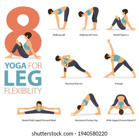 Infographic 8 Yoga Poses For Workout In Concept Of Leg Flexibility In Flat Design. Women Exercising For Body Stretching. Yoga Posture Or Asana For Fitness Infographic. Flat Cartoon Vector Illustration