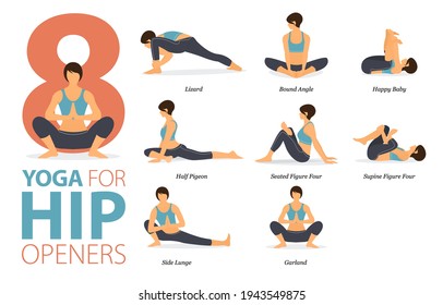 Infographic 8 Yoga Poses For Workout At Home In Concept Of Hip Openers In Flat Design. Women Exercising For Body Stretching. Yoga Posture Or Asana For Fitness Infographic. Cartoon Vector Illustration.