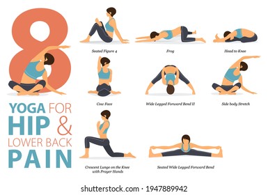 Infographic 8 Yoga Poses For Workout At Home In Concept Of Hip And Lower Back Pain In Flat Design. Women Exercising For Body Stretching. Yoga Posture, Asana For Fitness Infographic.Flat Cartoon Vector