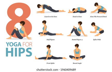 Infographic 8 Yoga Poses For Workout At Home In Concept Of Yoga For Hips In Flat Design. Women Exercising For Body Stretching. Yoga Posture Or Asana For Fitness Infographic. Flat Cartoon Vector.