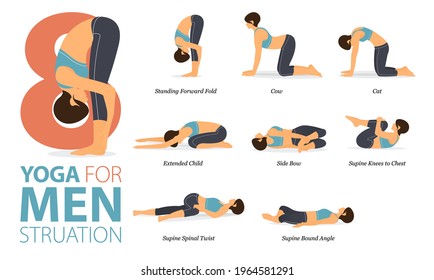 Infographic 8 Yoga poses for workout at home in concept of Menstruation in flat design. Women exercising for body stretching. Yoga posture or asana for fitness infographic. Flat Cartoon Vector.