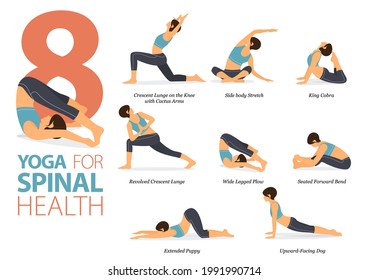 Infographic 8 Yoga Poses For Workout At Home In Concept Of Spinal Health In Flat Design. Women Exercising For Body Stretching. Yoga Posture Or Asana For Fitness Infographic. Flat Cartoon Vector.