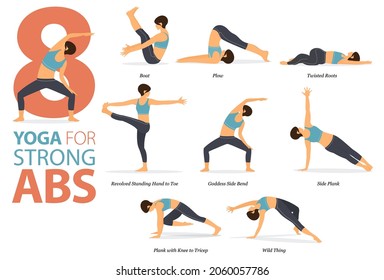 Infographic 8 Yoga Poses For Workout At Home In Concept Of Strong Abs In Flat Design. Women Exercising For Body Stretching. Yoga Posture Or Asana For Fitness Infographic. Cartoon Vector Illustration