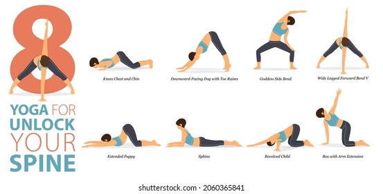 Infographic 8 Yoga poses for workout at home in concept of your spine in flat design.Women exercising for body stretching.Yoga posture or asana for fitness infographic.Flat Cartoon Vector Illustration