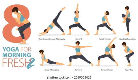 Infographic 8 Yoga Poses For Workout At Home In Concept Of Morning Fresh In Flat Design. Women Exercising For Body Stretching. Yoga Posture Or Asana For Fitness Infographic. Flat Cartoon Vector.