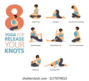 Infographic 8 Yoga Poses For Workout At Home In Concept Of Release Knots In Flat Design. Women Exercising For Body Stretching. Yoga Posture Or Asana For Fitness Infographic. Flat Cartoon Vector.