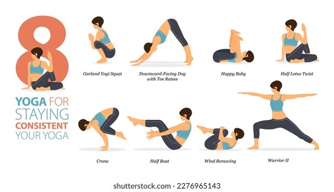 Infographic 8 Yoga poses for workout at home in concept of consistent yoga in flat design. Women exercising for body stretching. Yoga posture or asana for fitness infographic. Flat Cartoon Vector.