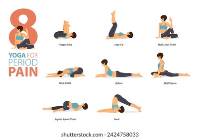 Infografía 8 poses de yoga para hacer ejercicio en casa en concepto de Dolor de época en diseño plano. Mujeres haciendo ejercicio para estirar el cuerpo. Postura de yoga o asana para infografía de fitness. Vector plano de la historieta.