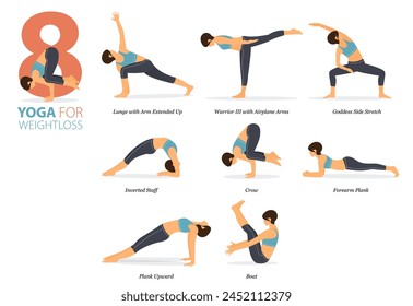 Infographic 8 Yoga poses for workout in concept of weight loss in flat design. Women exercising for body stretching. Yoga posture or asana for fitness infographic. Flat Cartoon Vector Illustration.