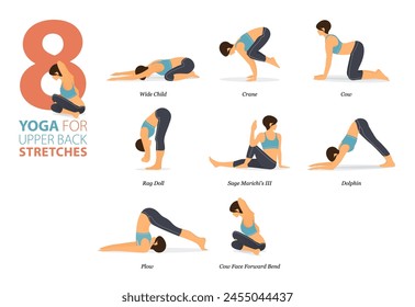 Infographic 8 Yoga poses for workout in concept of back stretches in flat design. Women exercising for body stretching. Yoga posture or asana for fitness infographic. Flat Cartoon Vector Illustration.