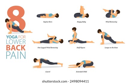 Infographic 8 Yoga poses for workout in concept of lower back pain in flat design. Women exercising for body stretching. Yoga posture or asana for fitness infographic. Flat Cartoon Vector Illustration