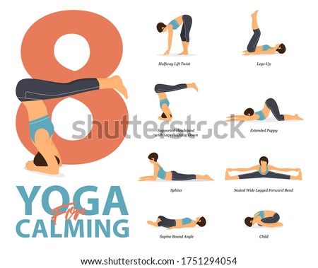 Infographic of 8 Yoga poses for workout at home in concept of yoga for calming in flat design. Woman exercising for body stretching. Yoga posture or asana for fitness infographic. Flat Cartoon Vector