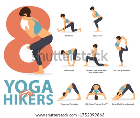 Infographic of 8 Yoga poses for workout at home in concept of yoga for hikers in flat design. Woman exercising for body stretching. Yoga posture or asana for fitness infographic. Flat Cartoon Vector.