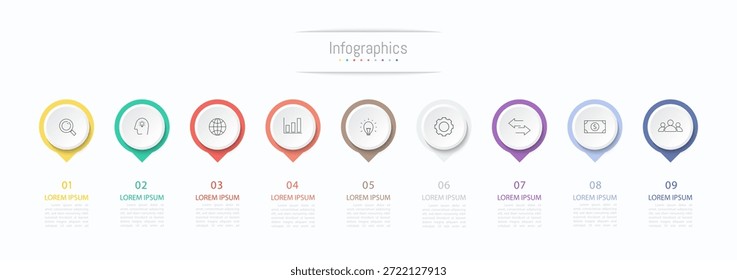 Infografía 9 Elementos de diseño de opciones para los datos de tu negocio. Ilustración vectorial.