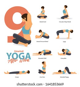 Infographic of 9 Yoga poses for after work concept in flat design. Beauty woman is doing exercise for body stretching. Set of yoga sequence Infographic.  Cartoon Vector art and Illustration.