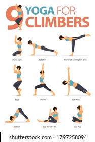 Infographic 9 Yoga poses for climbers in concept of yoga for athlete in flat design. Woman exercising for body stretching. Yoga posture or asana for fitness infographic. Cartoon Vector Illustration.