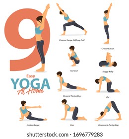 Infografía de 9 Yoga postes para Easy Yoga en casa en diseño plano. La mujer de belleza está haciendo ejercicio para estirar el cuerpo. Conjunto de yoga en la infografía de casa . Ilustración vectorial.