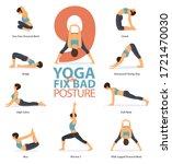 Infographic of 9 Yoga poses for Yoga at home in concept of fix bad posture in flat design. Woman is doing exercise for body stretching. Set of yoga posture or asana infographic. Yoga Vector.