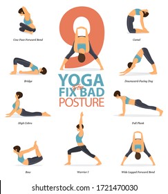 Infographic of 9 Yoga poses for Yoga at home in concept of fix bad posture in flat design. Woman is doing exercise for body stretching. Set of yoga posture or asana infographic. Yoga Vector.