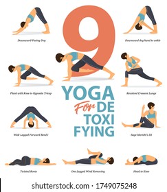 Infographic of 9 Yoga poses for yoga at home in concept of detoxifying in flat design. Woman exercising for body stretching. Yoga posture or asana for fitness infographic. Cartoon Vector Illustration.