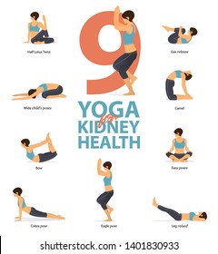 Infographic of 9 Yoga poses for kidney health in flat design. Beauty woman is doing exercise for kidney strength. Set of yoga postures female figures Infographic . Vector Illustration.