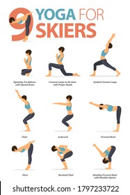 Infographic 9 Yoga poses for skiers in concept of yoga for athlete in flat design. Woman exercising for body stretching. Yoga posture or asana for fitness infographic. Flat Cartoon Vector Illustration