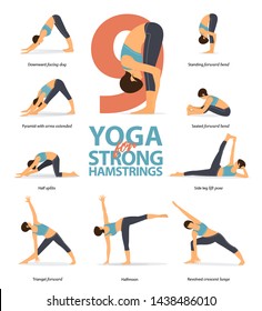 Infographic of 9 Yoga poses for strong hamstrings in flat design. Beauty woman is doing exercise for kidney strength. Set of yoga postures female figures Infographic . Vector Illustration.