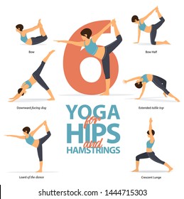 Infographic of 9 Yoga poses for strong hamstrings in flat design. Beauty woman is doing exercise for hip strength. Set of yoga postures female figures Infographic . Vector Illustration.