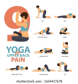 Infographic of 9 Yoga poses for upper back pains in flat design. Beauty woman is doing exercise for body stretching. Set of yoga sequence Infographic. Yoga Cartoon Vector art and Illustration.