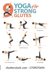 Infographic of 9 Yoga poses for workout at home in concept of yoga for strong glutes in flat design. Woman exercising for body stretching. Yoga posture or asana for fitness infographic. Cartoon Vector