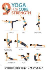 Infographic of 9 Yoga poses for workout in concept of yoga for Core and Strength in flat design. Woman exercising for body stretching. Yoga posture or asana for fitness infographic. Cartoon Vector.