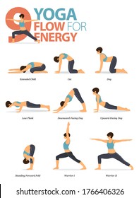 Infographic of 9 Yoga poses for workout at home in concept of yoga flow for energy in flat design. Woman exercising for body stretching. Yoga posture or asana for fitness infographic. Cartoon Vector.