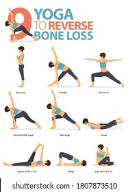 Infographic 9 Yoga poses for workout in concept of reverse bone loss in flat design. Women exercising for body stretching. Yoga posture, asana for fitness infographic. Flat Cartoon Vector Illustration