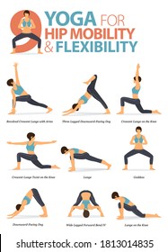 Infographic 9 Yoga poses for workout in concept of Hip Flexibility in flat design. Women exercising for body stretching. Yoga posture or asana for fitness infographic. Flat Cartoon Vector Illustration